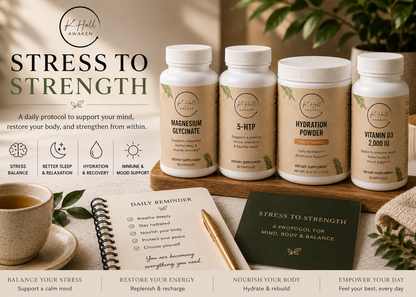Supplement bottles on a wooden tray with a notebook and tea cup, featuring 'Stress to Strength' protocol.